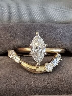 Genuine Marquise Diamond Engagement Ring with Curved Diamond Band - Gold